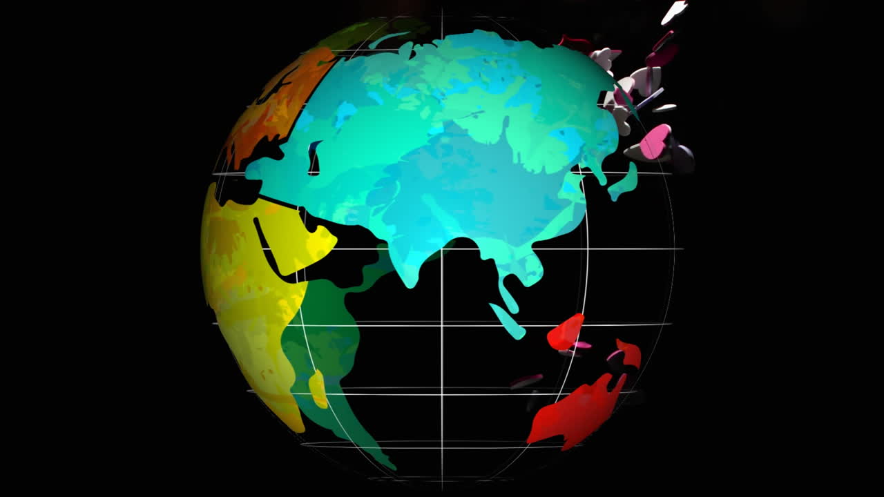 animazione di un globo colorato che ruota su sfondo nero con scintille