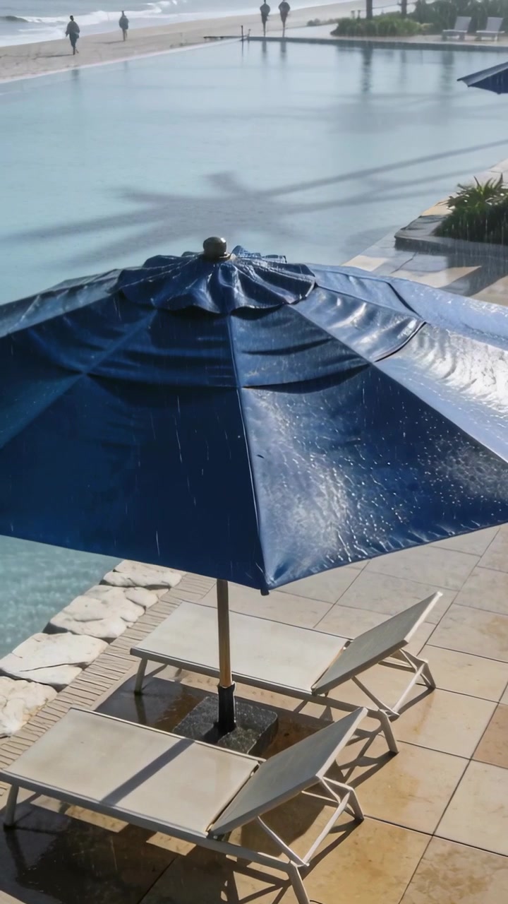 Video verticale: Registrazione di ombrellone blu e sedie a sdraio che si bagnano in piscina, con la doccia che crea un luccichio.