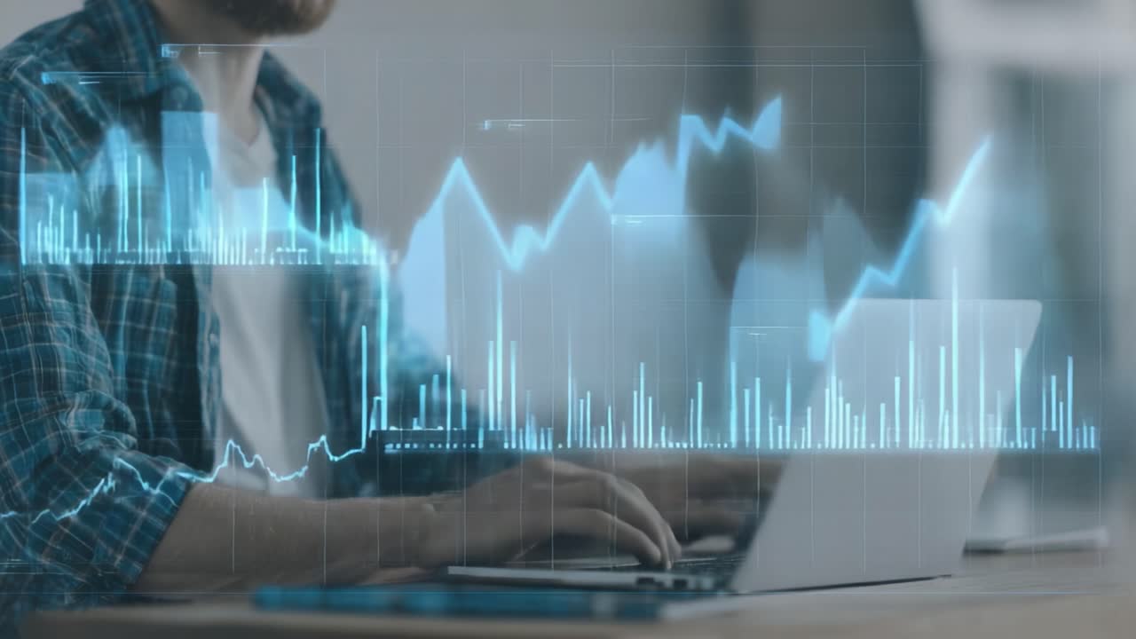Analyse av datatrender: Et nærbilde av en forsker med avanserte grafer og statistiske visualiseringer på en bærbar datamaskin i et moderne arbeidsområde.
