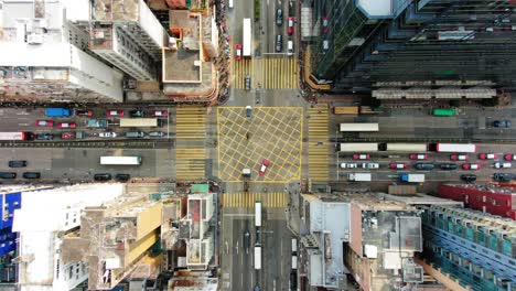 Downtown-Hong-Kong-buildings,-Crosswalk-and-traffic,-High-altitude-aerial-view