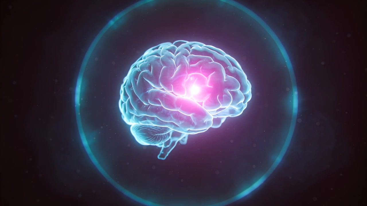 Pulsing neon-cyan brain with ring sparking magenta pulse rising in virtual void showing neural data