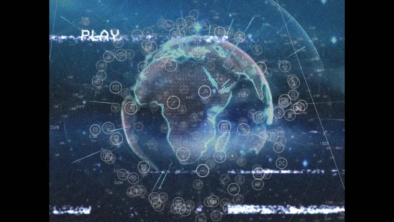 글리치와 전 세계 아이콘과 연결된 화면에서 디지털 인터페이스를 재생하는 애니메이션