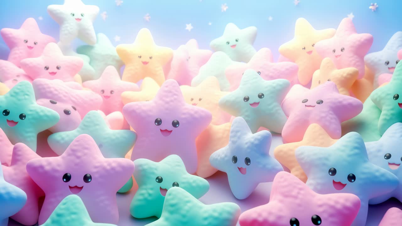 笑顔のパステルカラーの星のキャラクターたちが登場する、夢のようなビデオシーン。