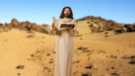 man wearing robes with long hair and beard representing figure of jesus christ preaching from book in desert