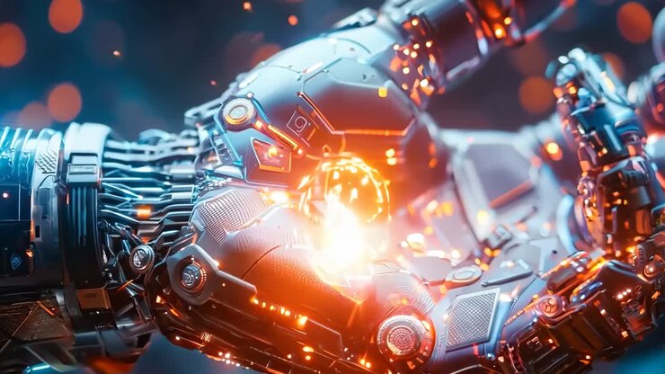 A close up of a robot hand with glowing lights on it