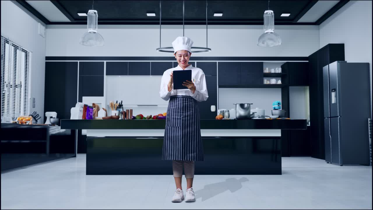 현대 주방에서 태블릿을 사용하는 요리사