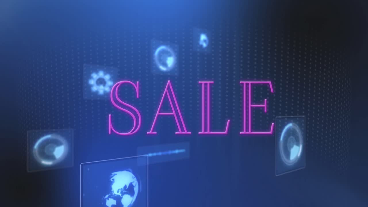 파란색 배경에 판매 텍스트와 데이터 처리의 애니메이션