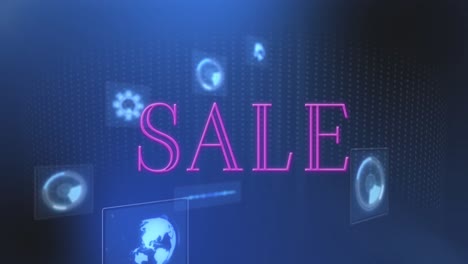 animation of sale text and data processing on blue background