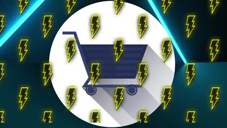 animación de múltiples iconos de relámpago que se mueven sobre el icono de compras sobre fondo azul