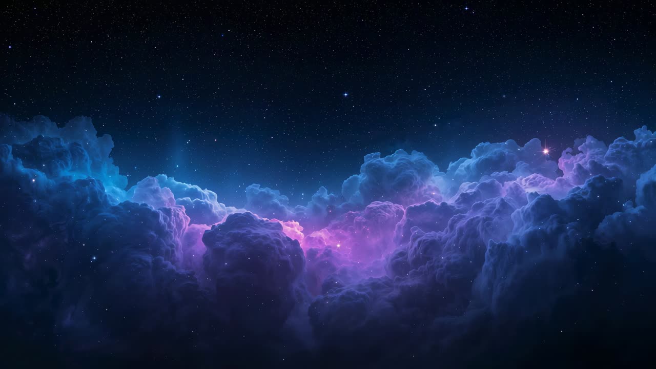 Zooming camera revealing nebula bank pulsing over star field, magenta-core, cyan-left, right-flare