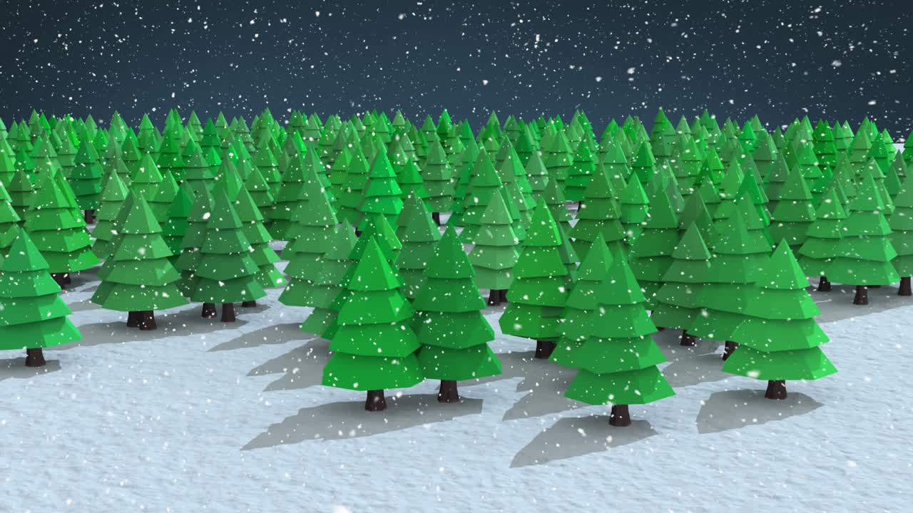 Snow falling over multiple trees icons on winter landscape against blue background