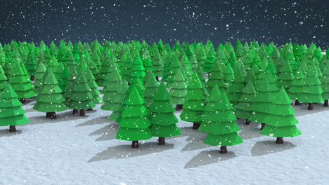 snow falling over multiple trees icons on winter landscape against blue background