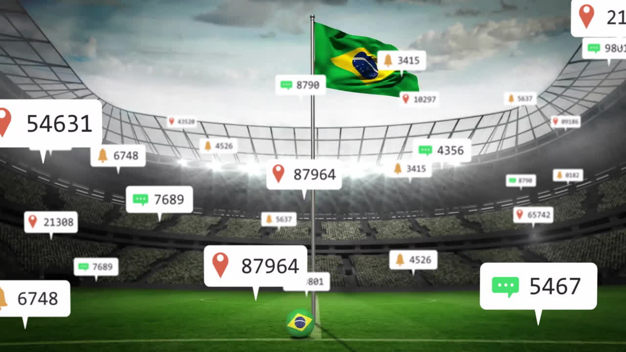 Flagpole flying Brazilian flag beside flag pattern football, digital labels hovering above stadium