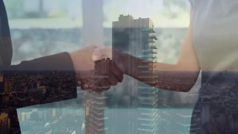 animación de un hombre de negocios apretando la mano sobre el paisaje urbano