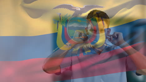 animation of flag of equador waving over caucasian doctor wearing face mask