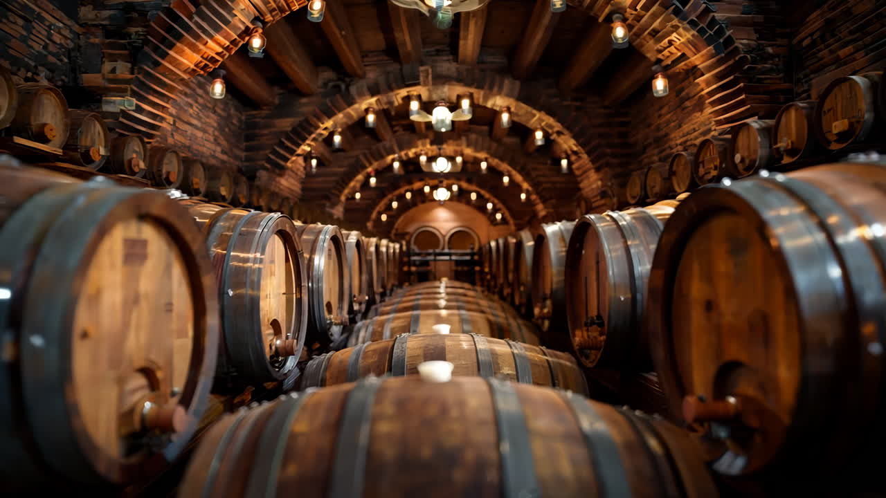 Exploring a Rustic Wine Cellar With Wooden Barrels at Sunset. Discover a charming wine cellar filled with wooden barrels under warm glowing lights