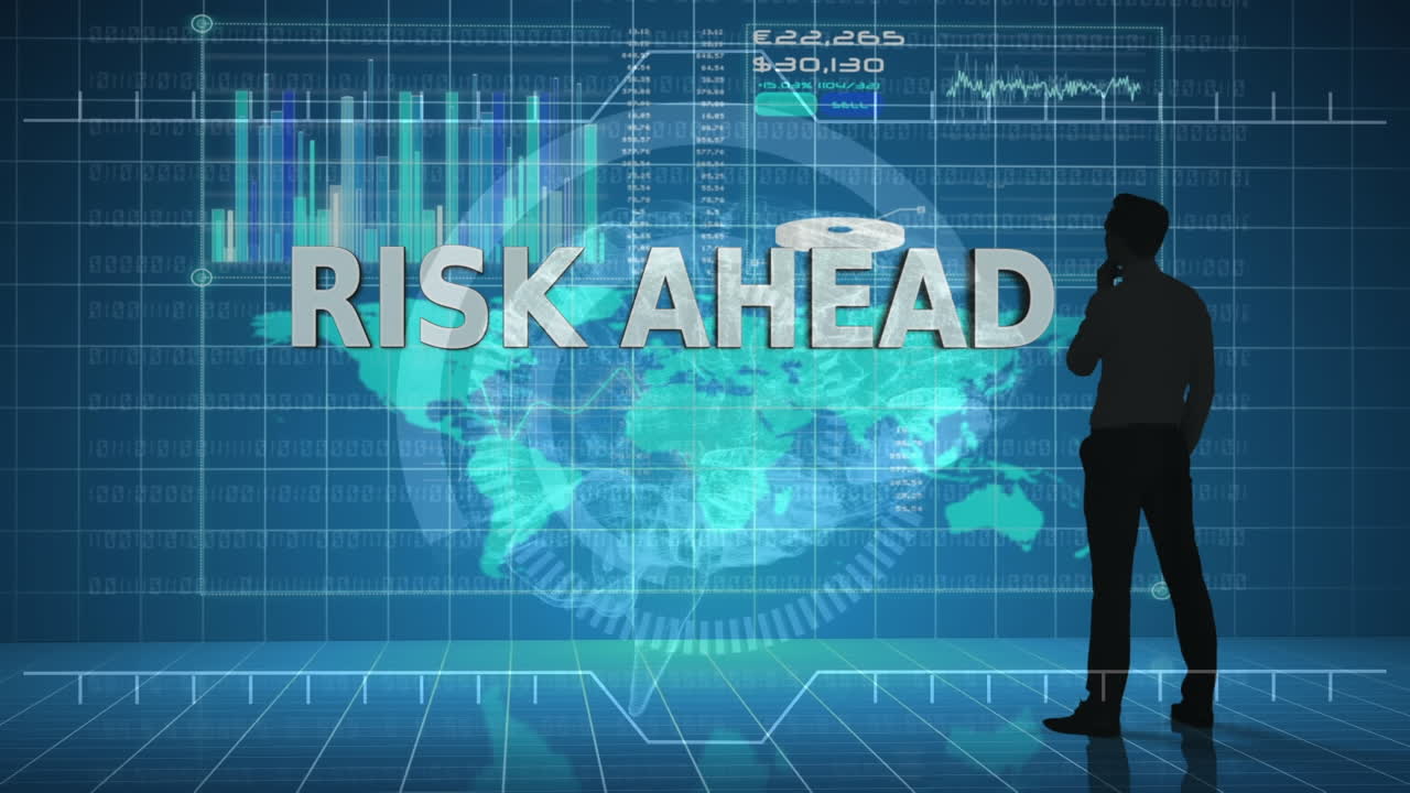 animación de un hombre de negocios reflexivo sobre el texto de la cabeza de riesgo sobre el círculo, el globo terrestre y el gráfico contra el mapa.