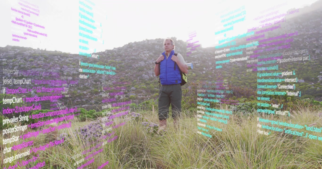 Mature hiker climbing ridge and pausing for scanning slope with floating cyan tech code panels