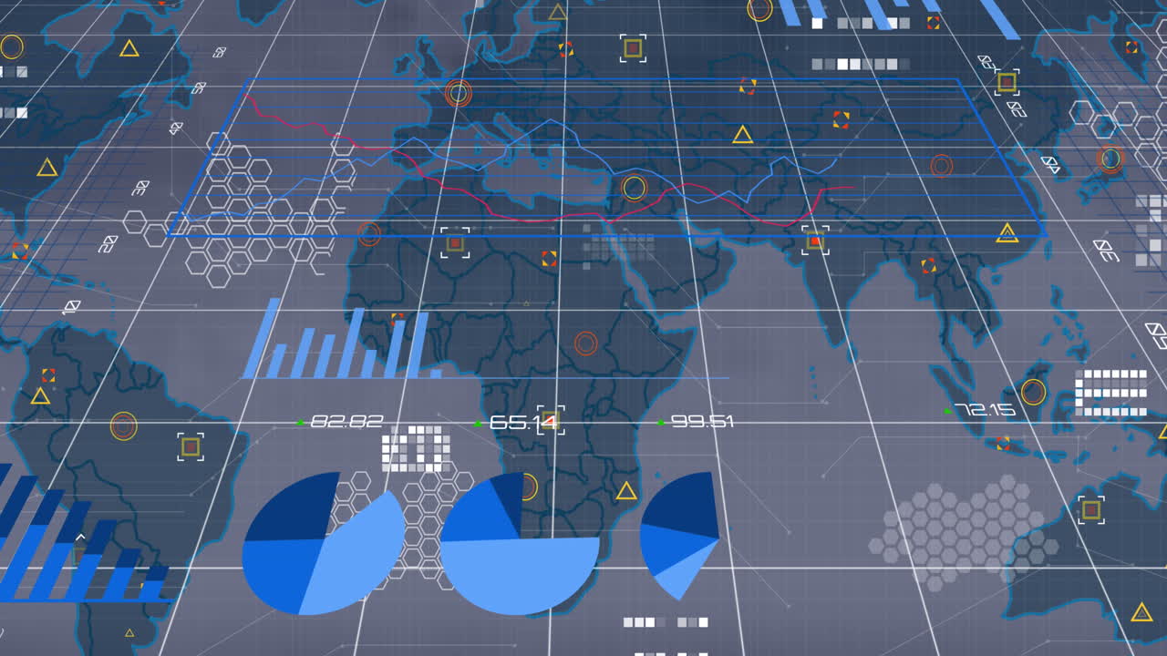 Animation of statistical data processing over world map against clouds in the sky