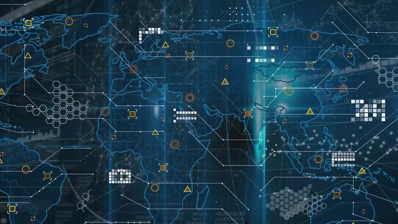 Digital World Map with Global Network Connections and Data Display