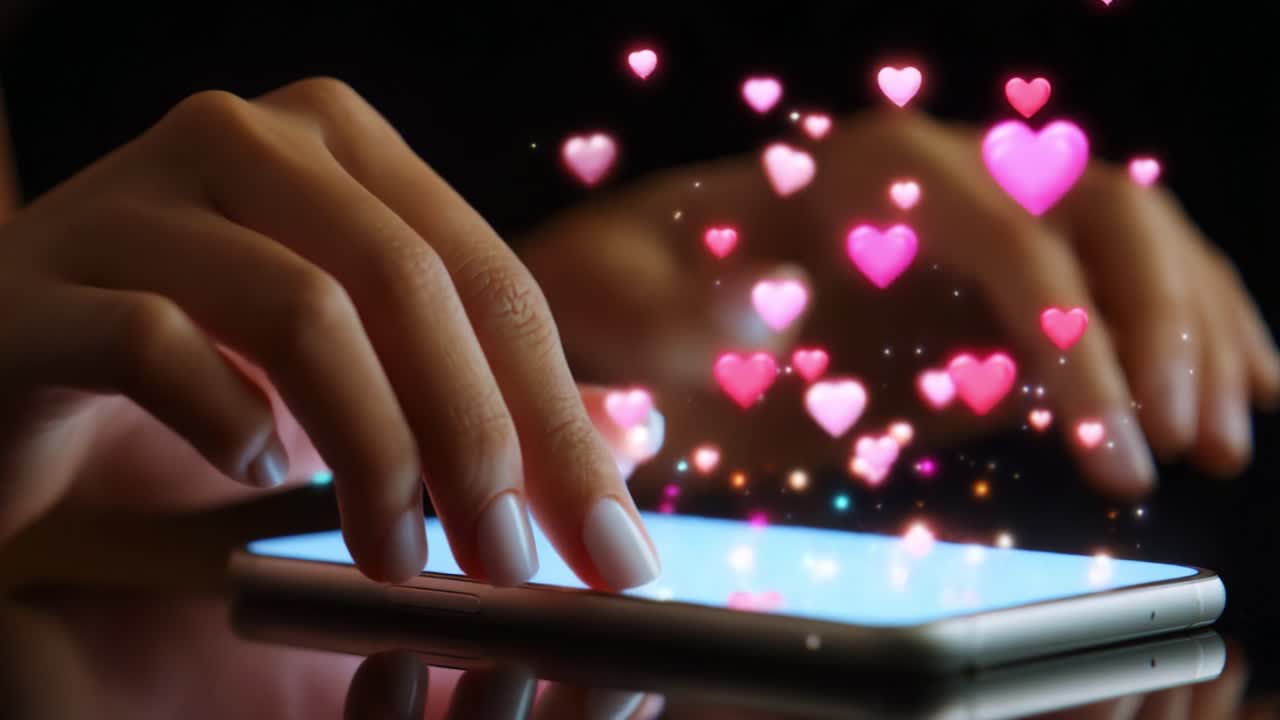 Aesthetic Representation of Digital Affection: A Close-Up View of Hands Engaging with a Smartphone Emitting Floating Hearts, Illustrating Modern Connections and Emotions Through Technology