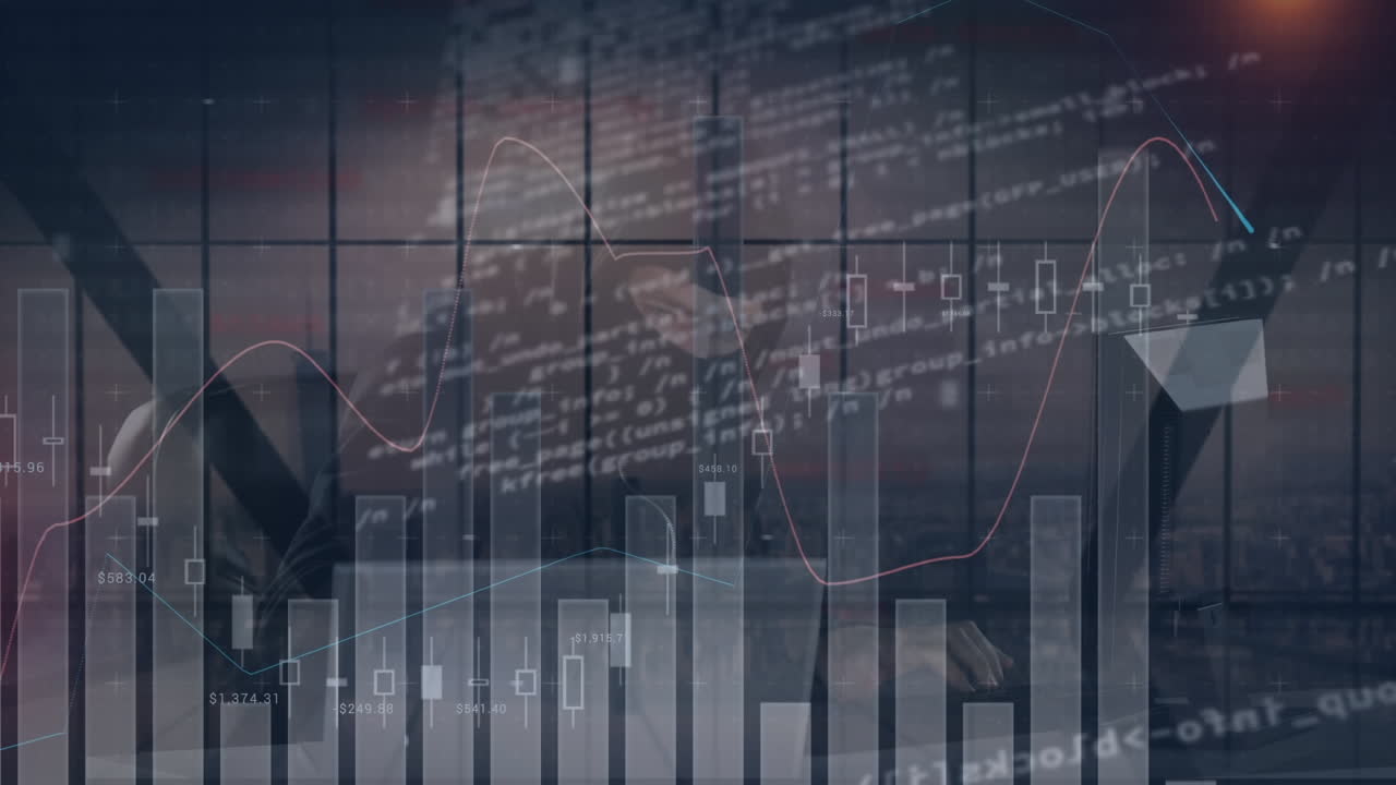 Animation der Daten- und Statistikverarbeitung über einem Computerhacker