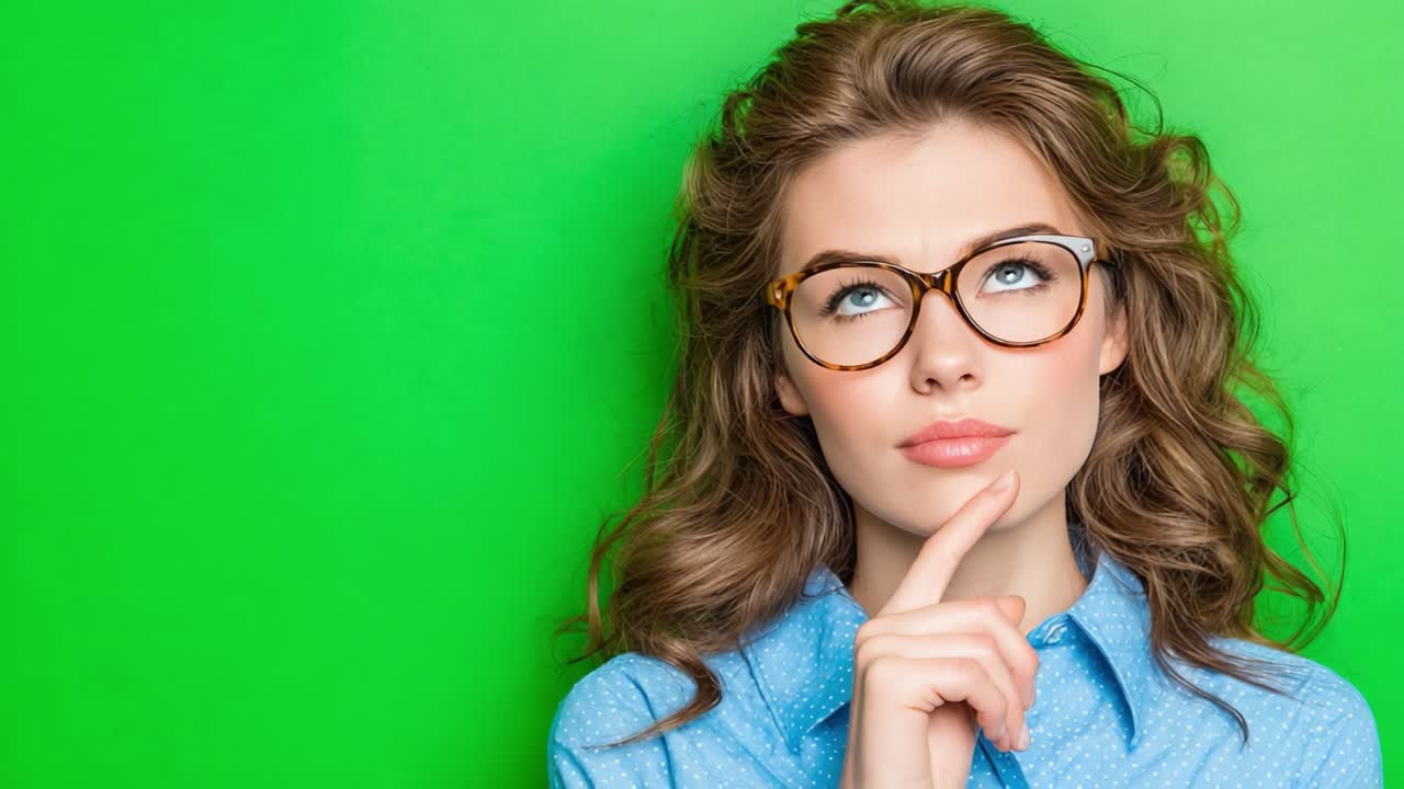 Una mujer pensativa con gafas elegantes parece contemplativa frente a un vibrante fondo verde, capturando un momento cautivador de reflexión y curiosidad