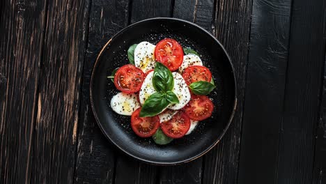 Frischer-Caprese-Salat-Mit-Tomaten-Und-Mozzarella-Auf-Schwarzem-Teller