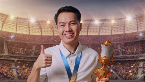 close up of asian man with a gold medal and trophy showing thumbs up gesture and smiling to camera as the first winner at the stadium