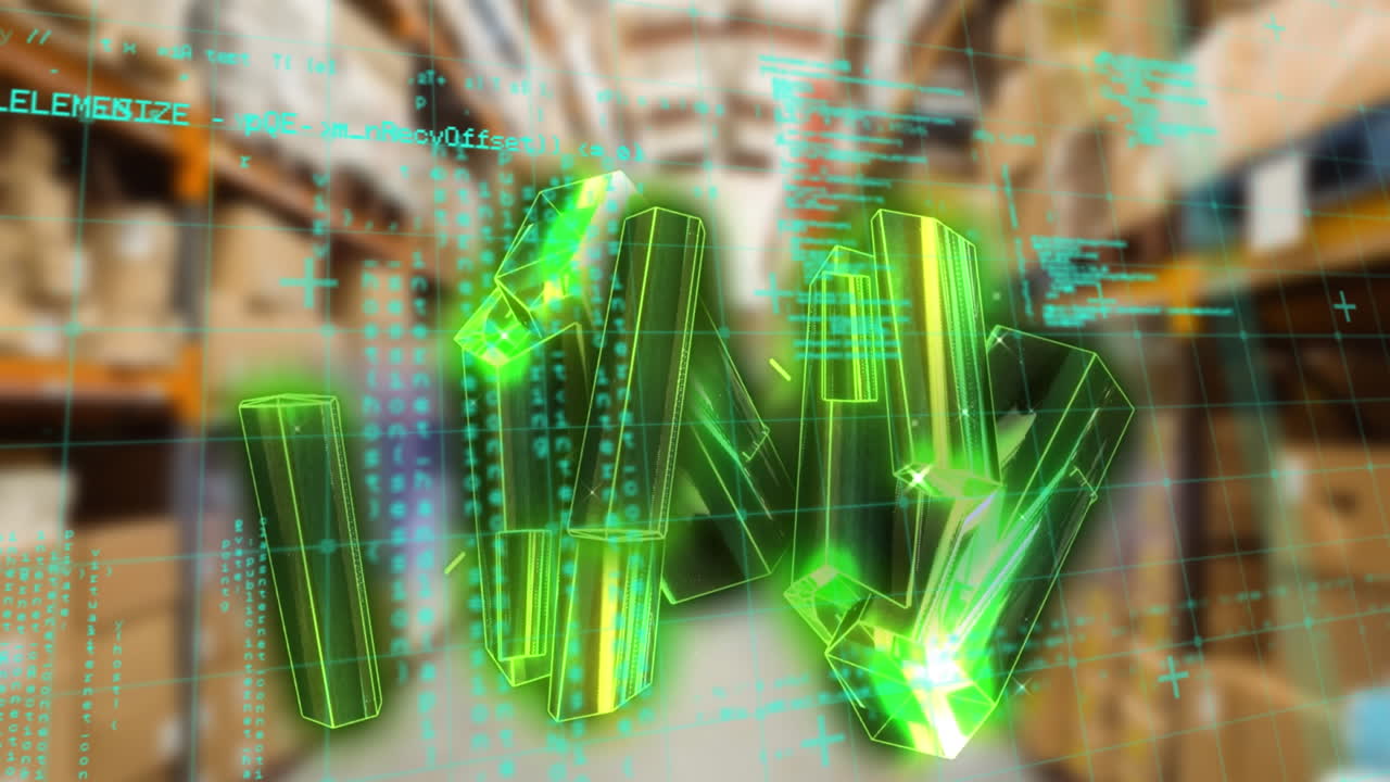 데이터 프로세싱 및 크리스탈을 창고에서 애니메이션화합니다.