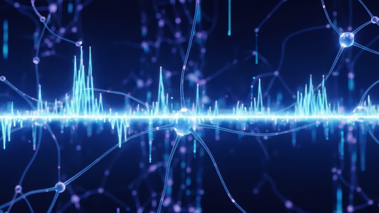 Digital Waveform Visualization Showcasing Vibrant Energy Patterns and Dynamic Frequencies with Abstract Particle Representations in a Futuristic Data Environment