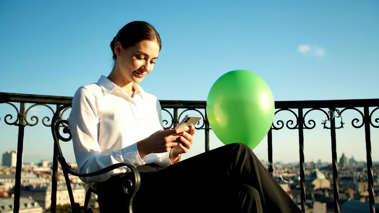 Woman with balloon on rooftop