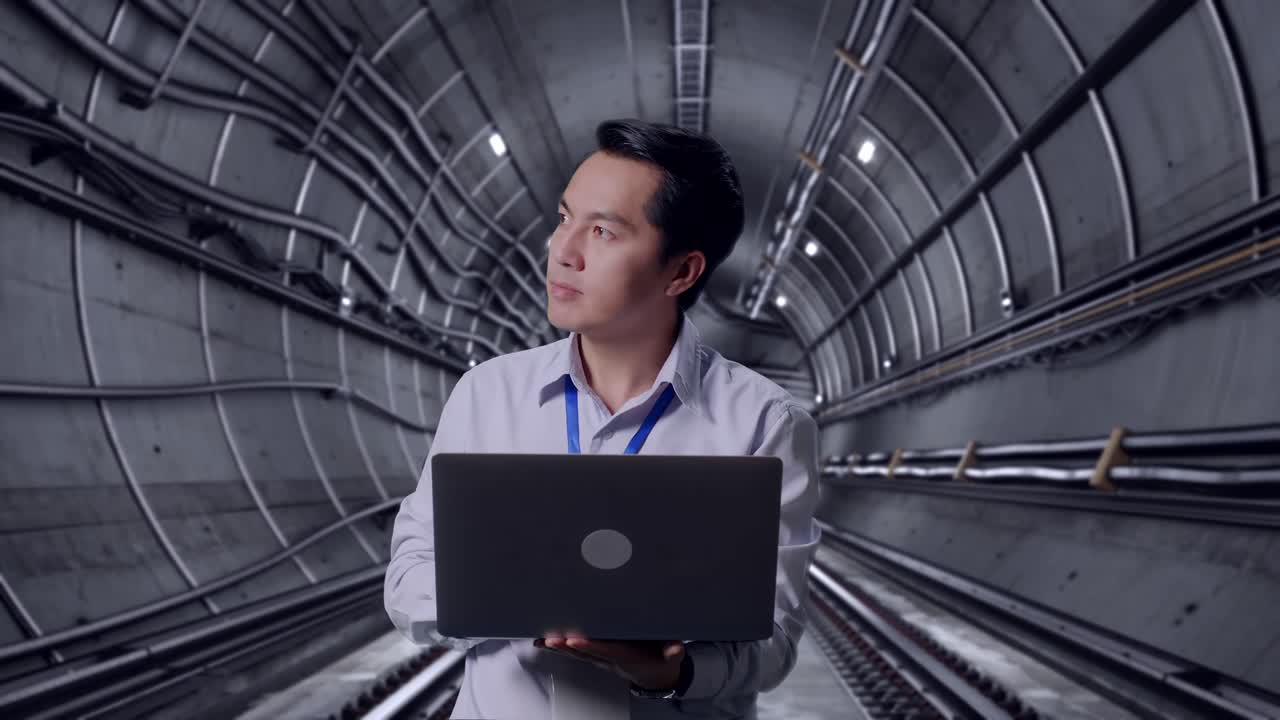 Asian Male Professional Worker Standing With His Laptop In Underground Subway Tunnel, He Observes By Looking Around Before He Come To Concentrating With His Laptop