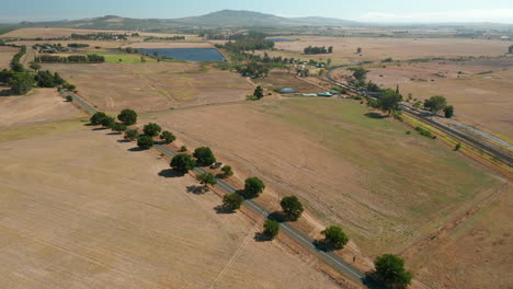 Toma-Aérea-De-Un-Automóvil-Que-Cruza-La-Carretera-En-La-Reserva-Natural-Simonsberg-Cerca-De-La-Finca-Vinícola-En-Stellenbosch,-Provincia-Del-Cabo-Occidental-De-Sudáfrica