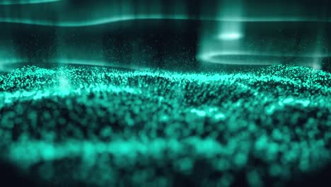 Animation-Von-Grünen-Lichtspuren,-Die-Sich-über-Grüne,-Wellenförmige-Netze-Mit-Punkten-Bewegen
