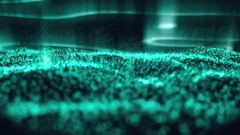 animation of green light trails moving over green waving mesh with spots