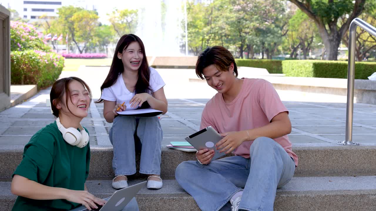 Happy Young Asian Students Studying Together on University Campus Steps