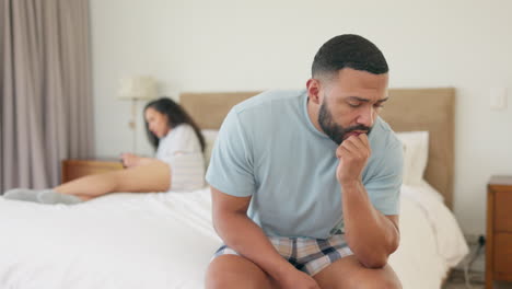 sad, fight and divorce with couple in bedroom