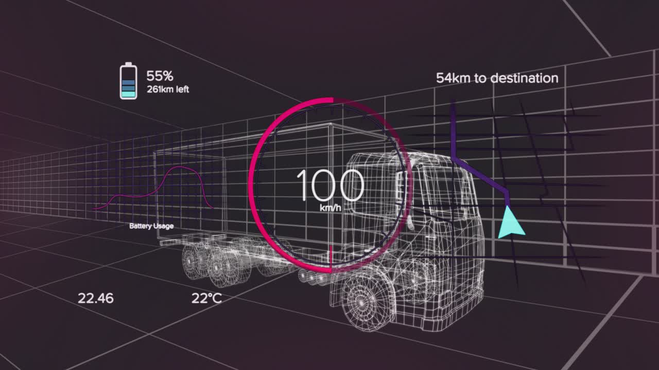 Starting with wireframe truck, speed gauge climbing then slowing, showcasing telematics overlays
