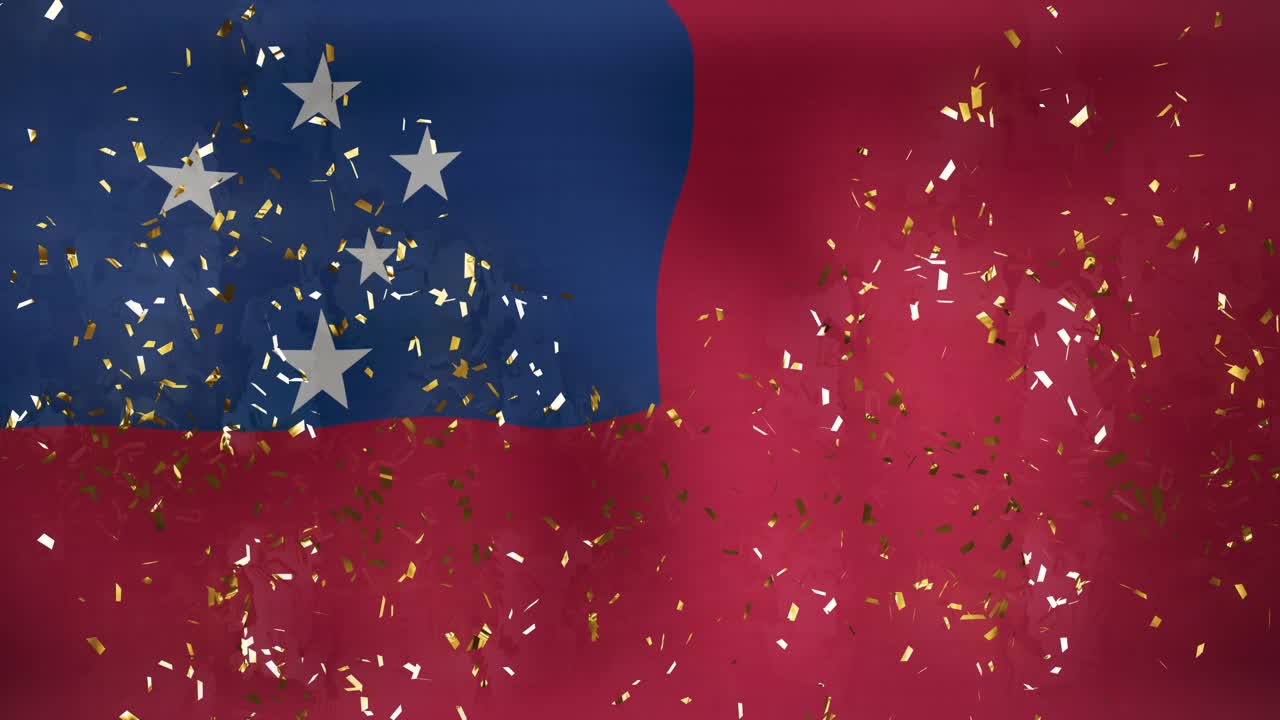 Animasi konfeti berjatuhan di atas bendera Samoa yang berkibar di latar belakang