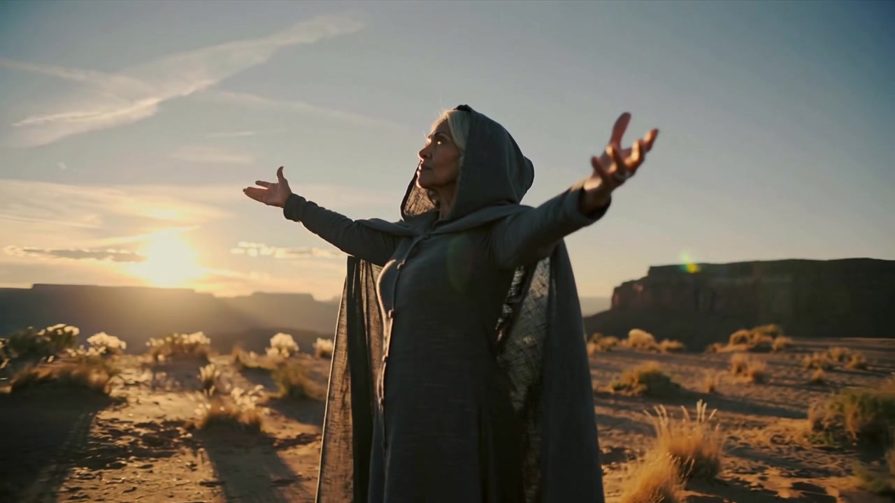 Ouvrant les bras, femme encapuchonnée levant la tête, soleil couchant sur le désert, ritualisant avec des yeux lumineux.