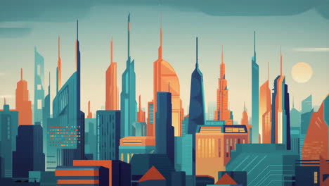 stylized futuristic city skyline with colorful buildings