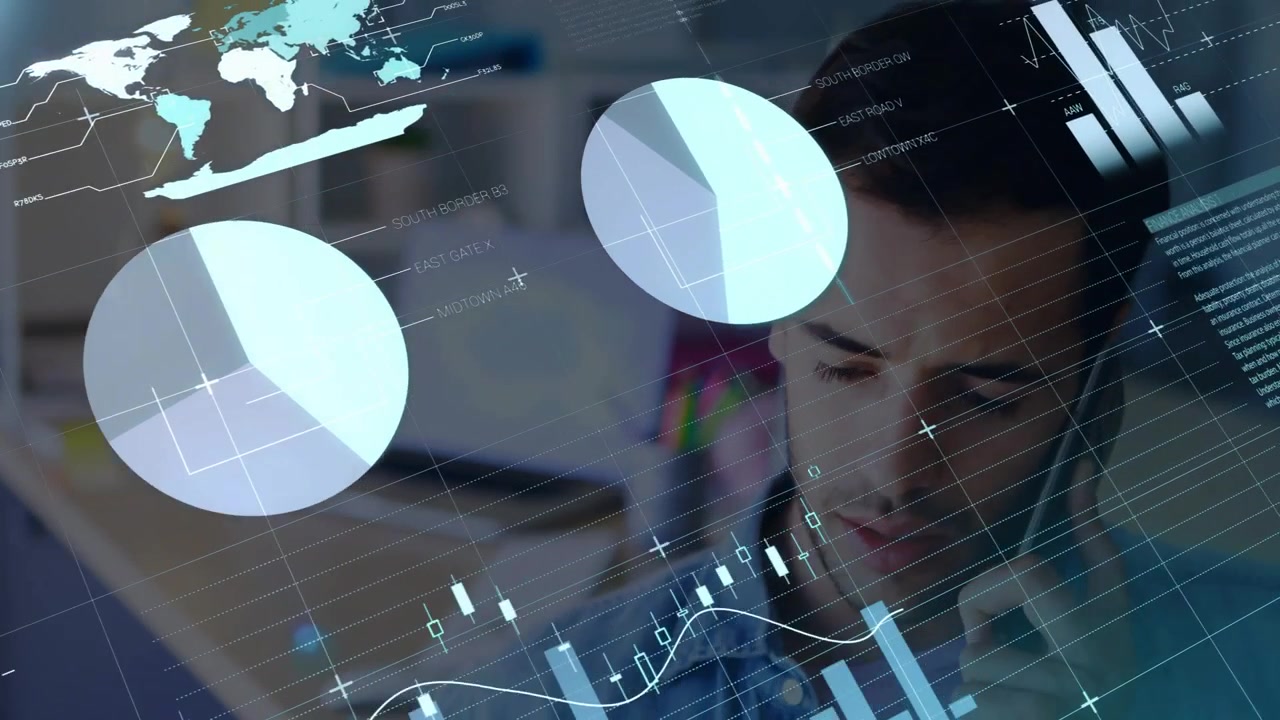 Analyst holding phone starting call analyzing finance as floating charts and dials surrounding him