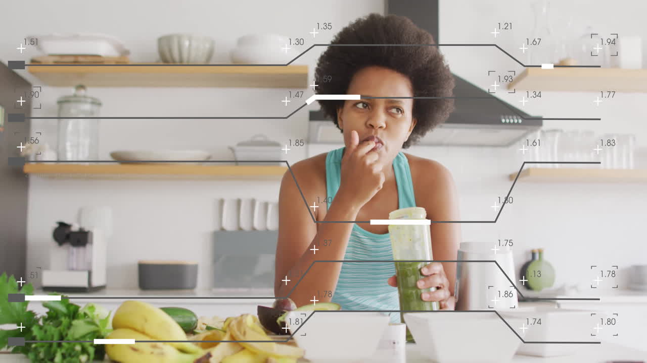 Woman enjoying healthy smoothie with data processing animation over kitchen scene