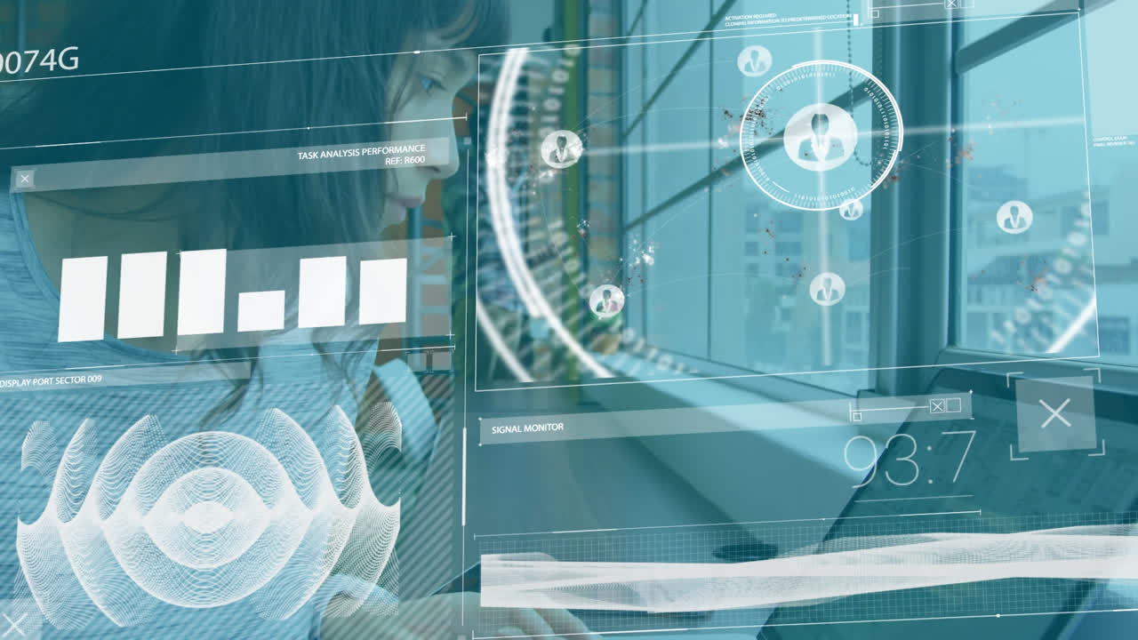 Animation of businesswoman using a laptop computer with financial data processing