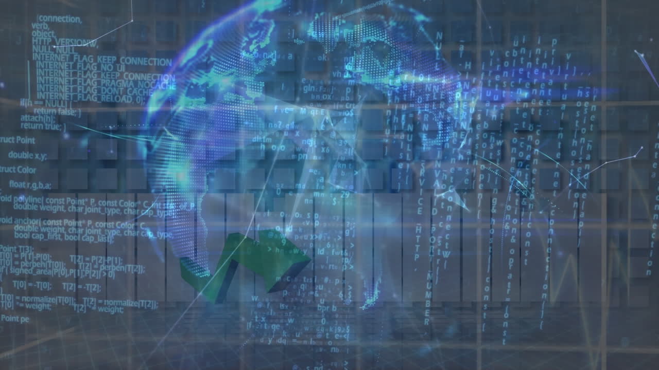 Animation of graphs and financial data over data processing and rotating globe
