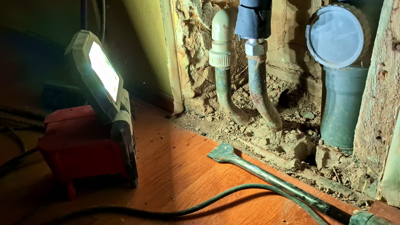 Light Illuminating Plumbing Pipes And Fittings For Water Supply Within A Wall With A Pry Bar. - closeup shot