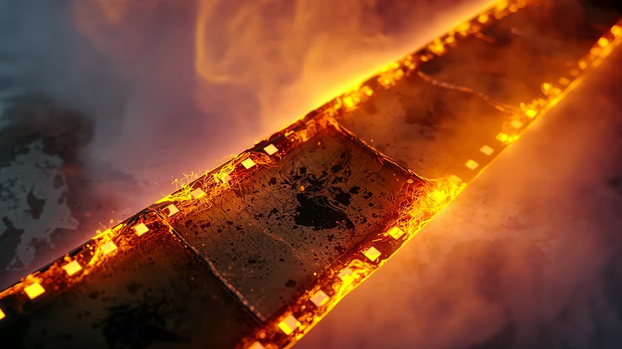 Igniting celluloid filmstrip floating in dark, edges glowing, embers flickering, smoke billowing