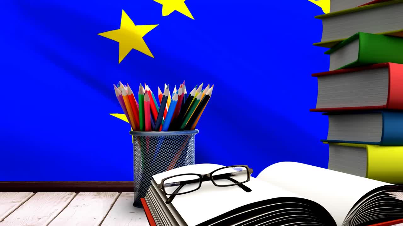 video de la bandera de la unión europea y los suministros escolares