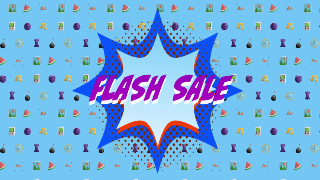 레트로 진동하는 패턴 배경에 플래시 판매 텍스트의 애니메이션